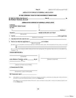 Thumbnail of Northwest Territories Form Affidavit In Support Of General Application