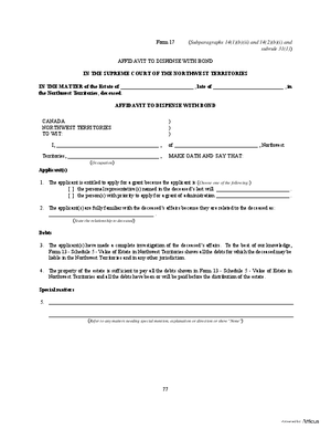 Thumbnail of Northwest Territories Form Affidavit To Dispense With Bond