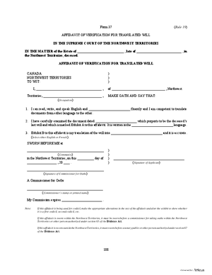 Thumbnail of Northwest Territories Form Affidavit Of Verification For Translated Will