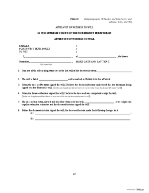 Thumbnail of Northwest Territories Form Affidavit Of Witness To Will