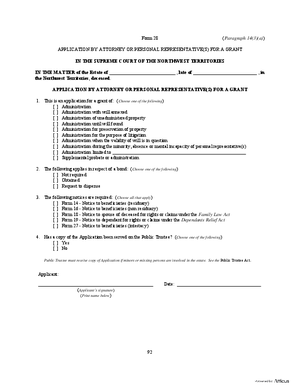 Thumbnail of Northwest Territories Form Application By Attorney Or Personal Representative(s) For Grant