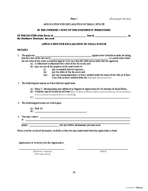 Thumbnail of Northwest Territories Form Application For Declaration Of Small Estate