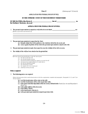 Thumbnail of Northwest Territories Form Application For Formal Proof Of Will