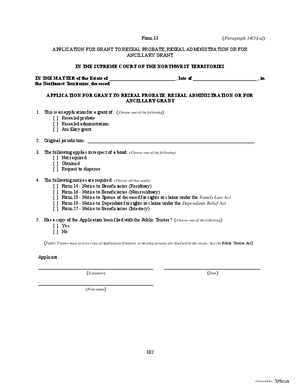Thumbnail of Northwest Territories Form Application For Grant To Reseal Probate, Reseal Administration, Or For Ancillary Grant