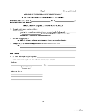 Thumbnail of Northwest Territories Form Application To Require Accounts Pass Formally