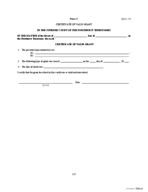 Thumbnail of Northwest Territories Form Certificate Of Valid Grant