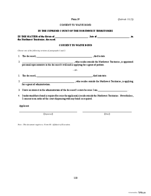Thumbnail of Northwest Territories Form Consent To Waive Bond