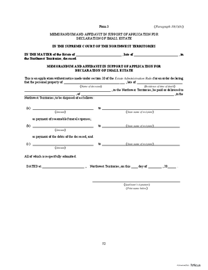 Thumbnail of Northwest Territories Form Memorandum And Affidavit In Support Of Application For Declaration Of Small Estate