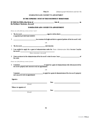 Thumbnail of Northwest Territories Form Nomination And Consent To Appointment
