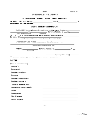 Thumbnail of Northwest Territories Form Notice Of Claim With Affidavit