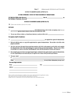 Thumbnail of Northwest Territories Form Notice To Beneficiaries (Intestacy)
