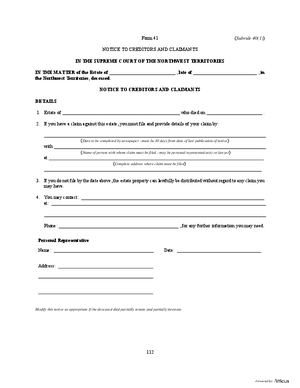 Thumbnail of Northwest Territories Form Notice To Creditors And Claimants