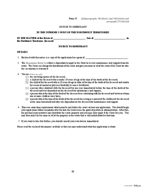 Thumbnail of Northwest Territories Form Notice To Dependant