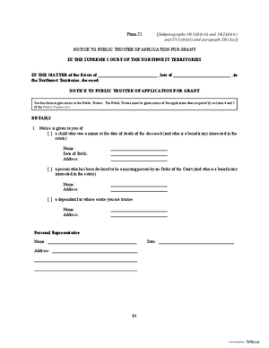 Thumbnail of Northwest Territories Form Notice To Public Trustee Of Application For Grant