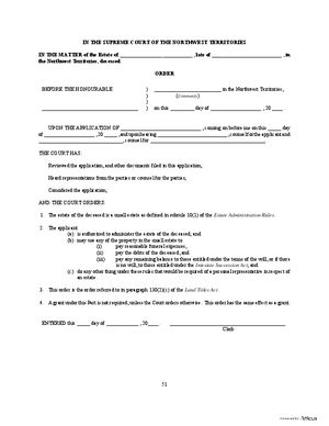Thumbnail of Northwest Territories Form Order For Declaration Of Small Estate