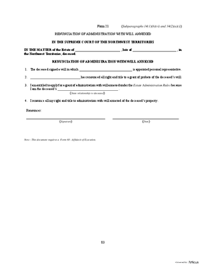 Thumbnail of Northwest Territories Form Renunciation Of Administration With Will Annexed