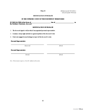 Thumbnail of Northwest Territories Form Renunciation Of Probate
