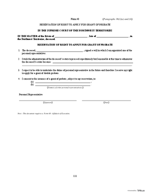 Thumbnail of Northwest Territories Form Reservation Of Right To Apply For Grant Of Probate