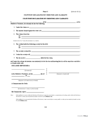 Thumbnail of Northwest Territories Form Statutory Declaration By Creditors And Claimants