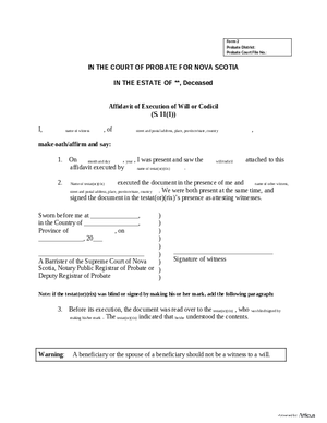 Thumbnail of Nova Scotia Form Affidavit Of Execution Of Will Or Codicil