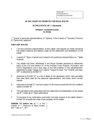 Thumbnail of Nova Scotia Form Affidavit - Insolvent Estate
