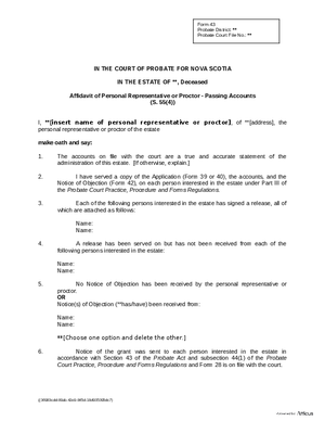 Thumbnail of Nova Scotia Form Affidavit Of Personal Representative - Passing Accounts