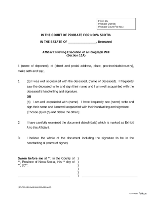 Thumbnail of Nova Scotia Form Affidavit Proving Execution Of Holograph Will