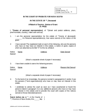 Thumbnail of Nova Scotia Form Affidavit Of Service - Notice Of Grant
