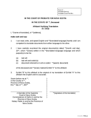 Thumbnail of Nova Scotia Form Affidavit Verifying Translation