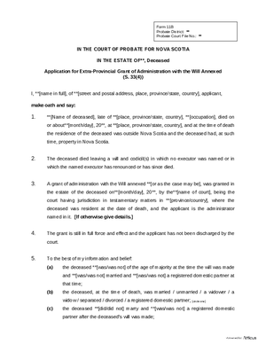 Thumbnail of Nova Scotia Form Application For Extra-provincial Grant Of Administration With The Will Annexed