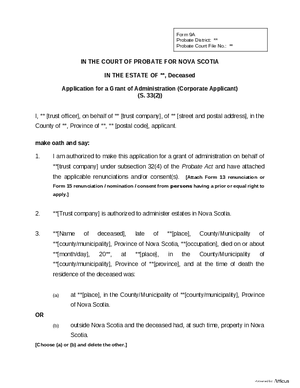 Thumbnail of Nova Scotia Form Application For A Grant Of Administration (Corporate Applicant)