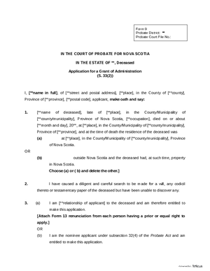 Thumbnail of Nova Scotia Form Application For A Grant Of Administration
