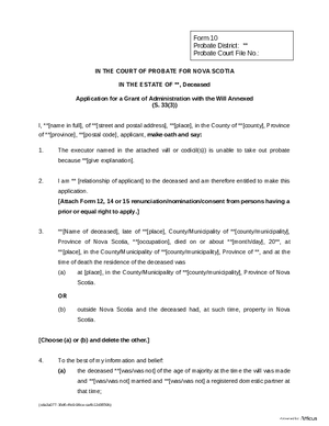 Thumbnail of Nova Scotia Form Application For A Grant Of Administration With The Will Annexed