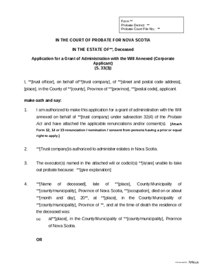 Thumbnail of Nova Scotia Form Application For A Grant Of Administration With The Will Annexed (Corporate Applicant)