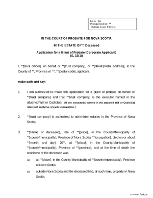 Thumbnail of Nova Scotia Form Application For A Grant Of Probate (Corporate Applicant)