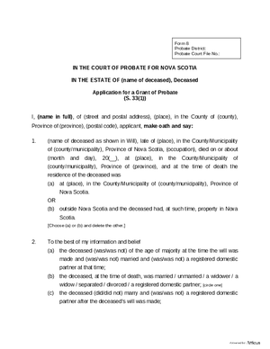 Thumbnail of Nova Scotia Form Application For A Grant Of Probate