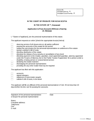 Thumbnail of Nova Scotia Form Application To Pass Accounts Without A Hearing