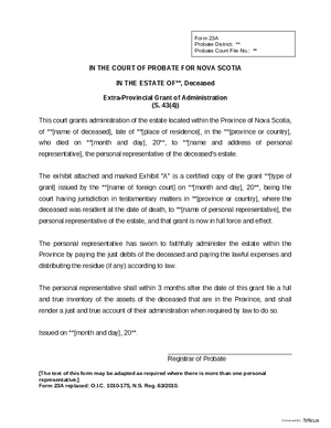 Thumbnail of Nova Scotia Form Extra-provincial Grant Of Administration