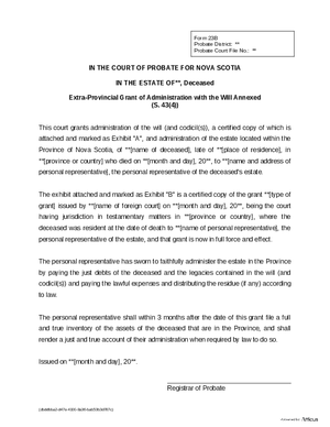 Thumbnail of Nova Scotia Form Extra-provincial Grant Of Administration With The Will Annexed