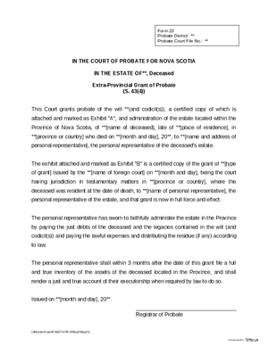 Thumbnail of Nova Scotia Form Extra-provincial Grant Of Probate