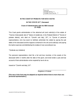 Thumbnail of Nova Scotia Form Grant Of Administration With The Will Annexed