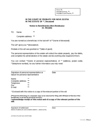 Thumbnail of Nova Scotia Form Notice To Beneficiaries (Non-residuary)