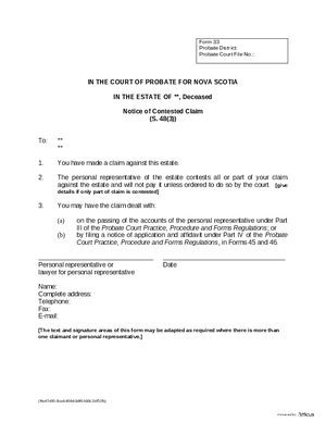Thumbnail of Nova Scotia Form Notice Of Contested Claim