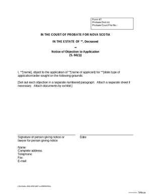 Thumbnail of Nova Scotia Form Notice Of Objection To Application