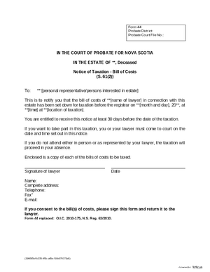 Thumbnail of Nova Scotia Form Notice Of Taxation - Bill Of Costs