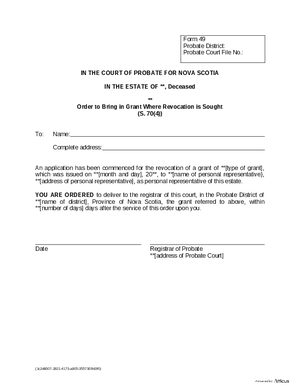 Thumbnail of Nova Scotia Form Order To Bring In Grant Where Revocation Is Sought