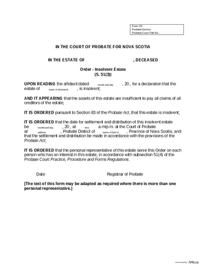 Thumbnail of Nova Scotia Form Order - Insolvent Estate