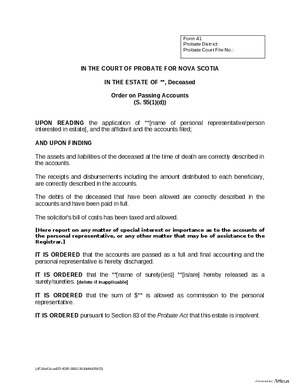 Thumbnail of Nova Scotia Form Order On Passing Accounts