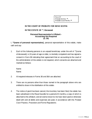 Thumbnail of Nova Scotia Form Personal Representative’s Affidavit - Accounting Not Required
