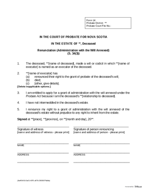 Thumbnail of Nova Scotia Form Renunciation (Administration With The Will Annexed)
